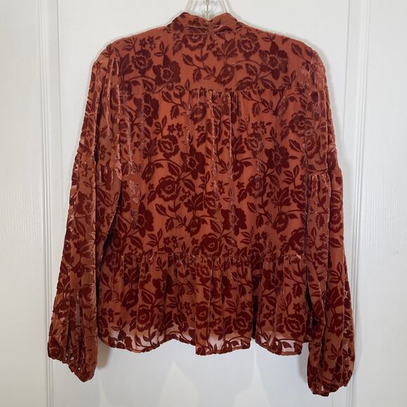 Anthropologie Velvet Burnout Blouse Tie Neck Floral Peplum Sienna Brown NWT XS - Picture 8 of 8